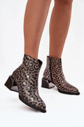 bottines femme cuir naturel motif léopard brun noir talon bloc stable bout amande coutures décoratives semelle contrastée zip doublure chaude