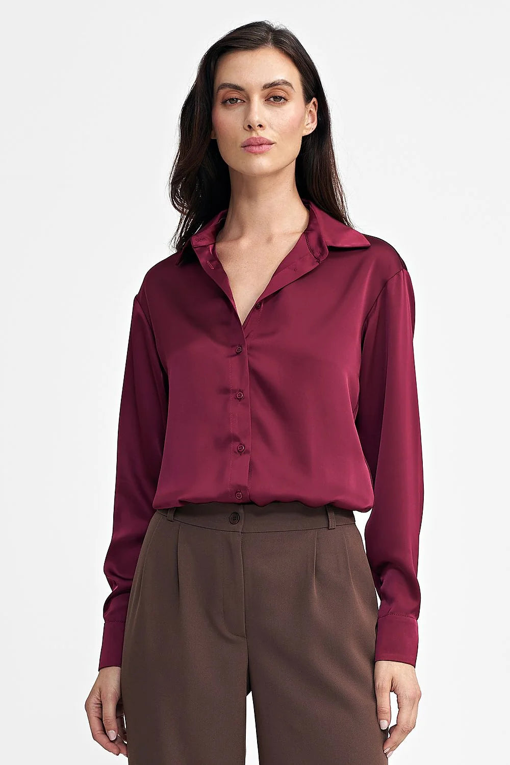 Blouse élégante pour femme en soie satinée manches longues col chemise bordeaux occasion formelle