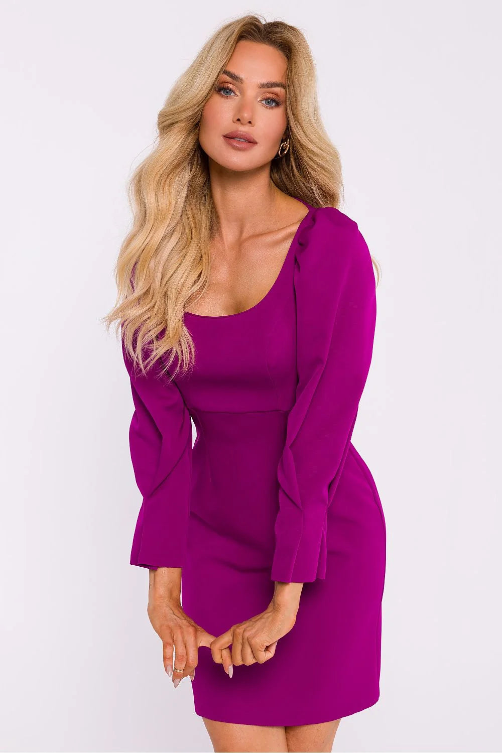 Robe de jour élégante fuchsia manches longues coupe ajustée encolure carrée robe pour femme occasion spéciale