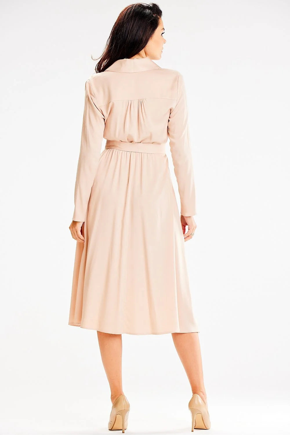 Robe élégante awama en viscose élasthanne manches longues col châle ceinture élastique beige femmes taille S M L XL