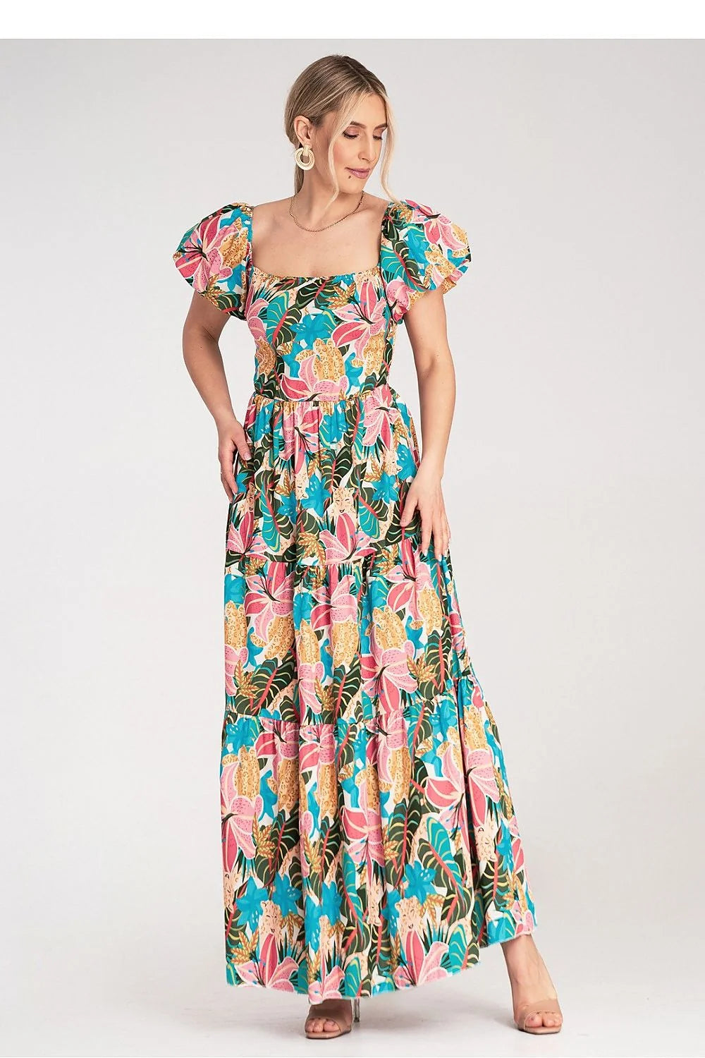 robe longue maxi femme bohème chic encolure carrée manches bouffantes manches ballon courtes tissu léger fluide imprimé tropical floral multicolore