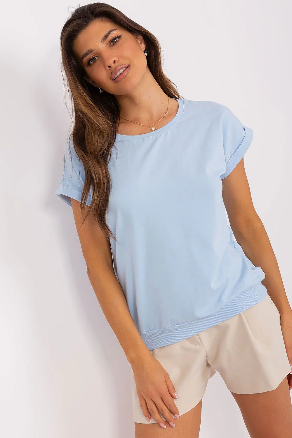 Ensemble chemisier et short Relevance, T-shirt loose manches courtes, short taille ajustée, coton 90% élasthanne 10%, bleu clair et beige, femme, look décontracté