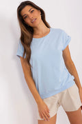 Ensemble chemisier et short Relevance, T-shirt loose manches courtes, short taille ajustée, coton 90% élasthanne 10%, bleu clair et beige, femme, look décontracté
