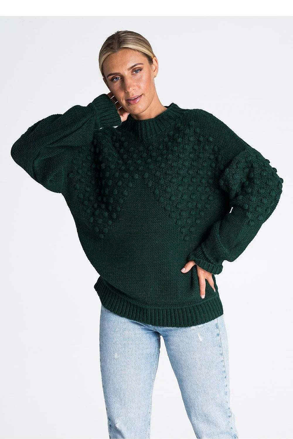 pull femme Figl tricot structuré maille épaisse vert sapin oversize col cheminée côtelé noppes manches ballon poche latérale cocooning chaud
