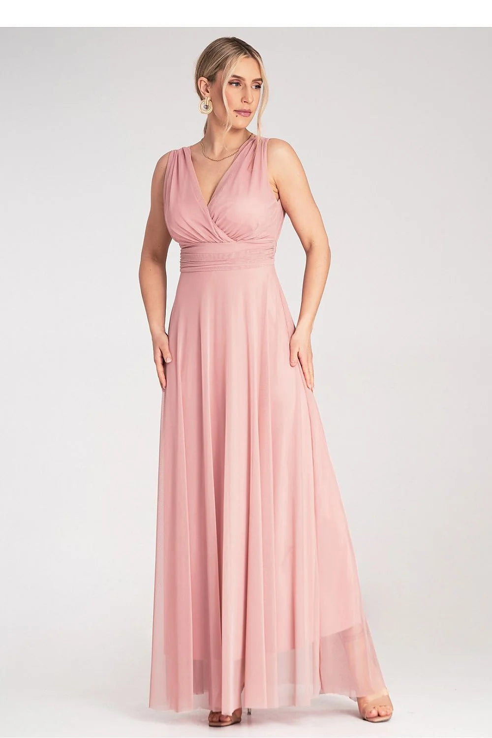 Robe de cocktail élégante sans manches en V dos nu couleur rose poudré tissu mousseline Empire ajustée taille longueur maximale femme