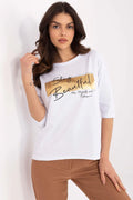Chemisier Femme Casual Chic à Manches 3/4 en Coton Élasthanne Blanc avec Bande Dorée 'Stay Beautiful'