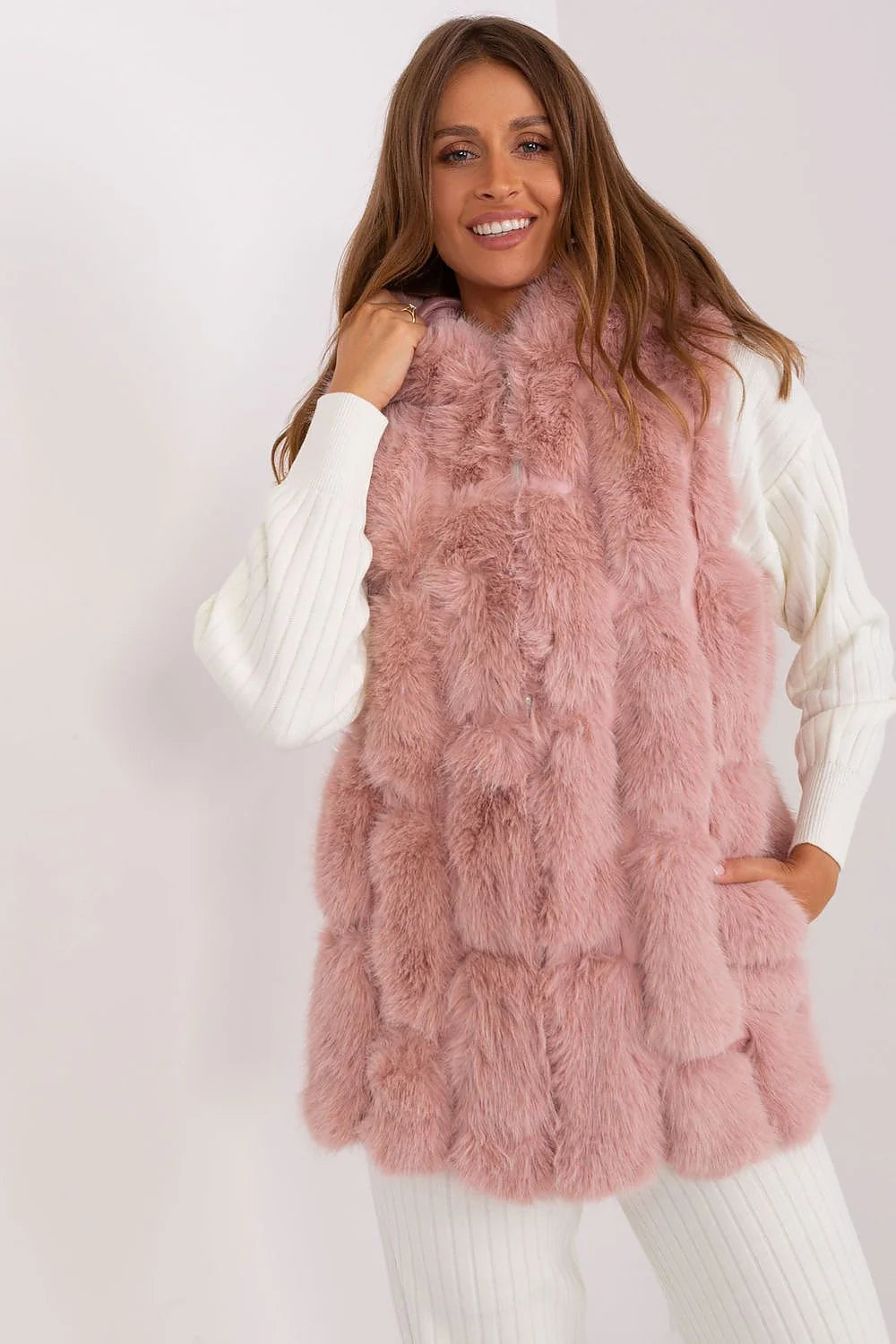Gilet sans manches pour femmes fourrure artificielle rose pastel coupe droite doublure intérieure fermeture éclaire élégance hiver mode