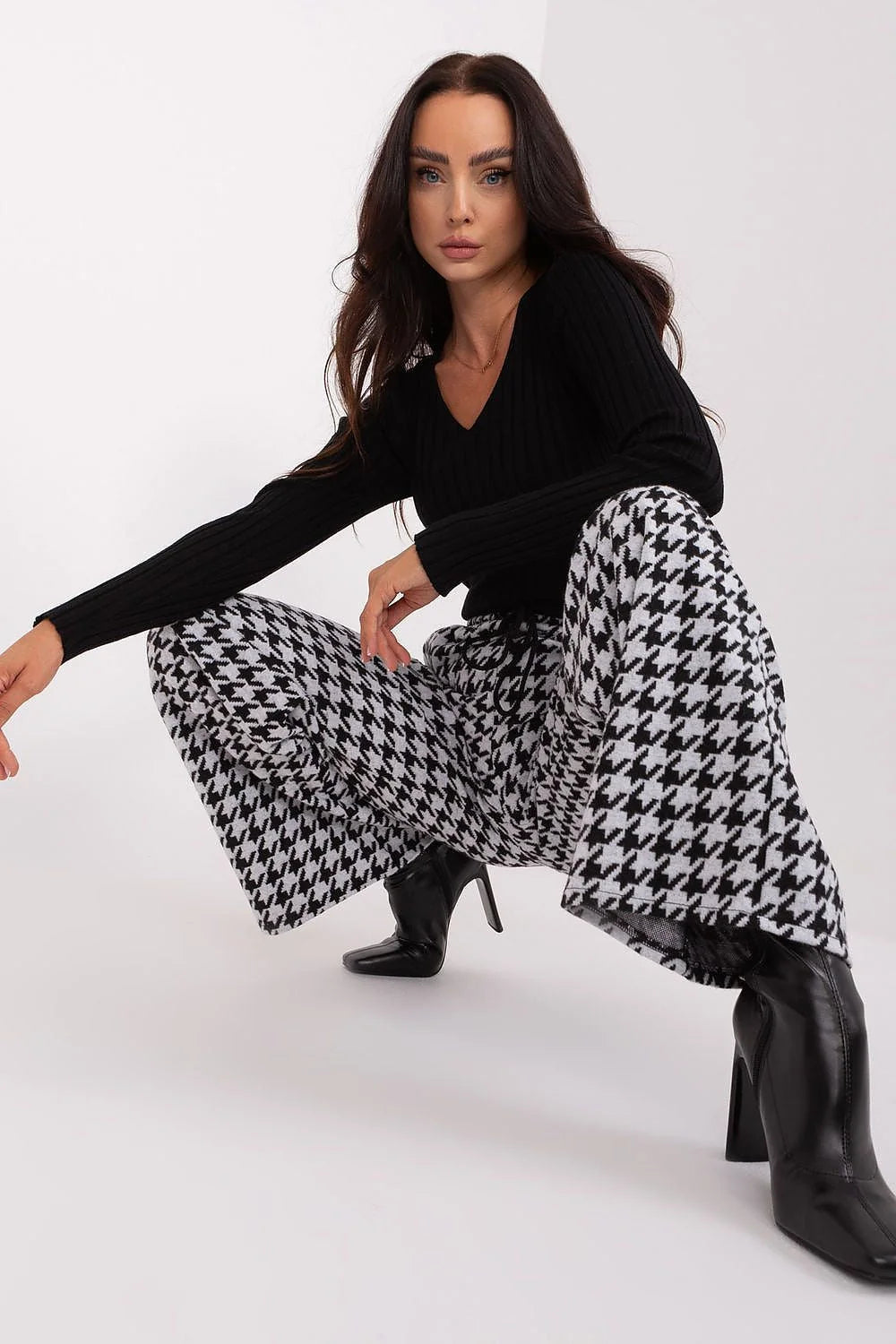 Pantalon femme Lakerta à taille haute style décontracté motif pied-de-poule noir et blanc jambe large matière coton élasthanne