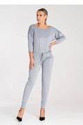 combinaison femme moderne épurée polyester elasthane jersey extensible coupe fluide ajustée col bateau manches troisquarts taille ajustable cordon coulissant gris