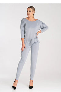combinaison femme moderne épurée polyester elasthane jersey extensible coupe fluide ajustée col bateau manches troisquarts taille ajustable cordon coulissant gris