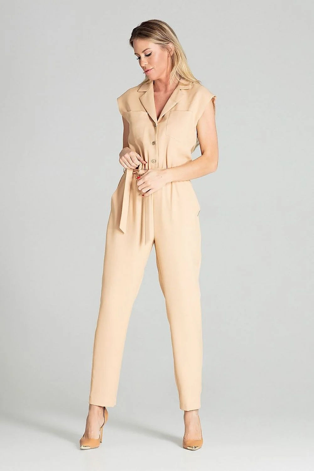 Combinaison femme polyester chic bleu pastel manches courtes ceinture nouée élégante polyvalente taille ajustée