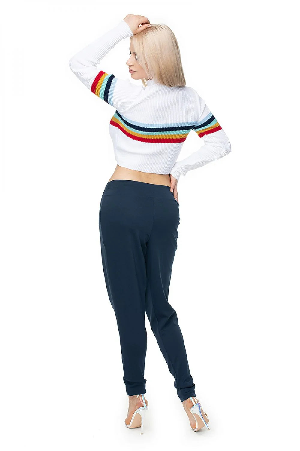 Pull court féminin moderne style jeune rayures arc-en-ciel manches longues col montant en acrylique elasthanne