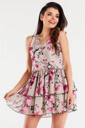 Robe de jour élégante printemps été coupe évasée col V sans manches volants fleurs beige rose femme
