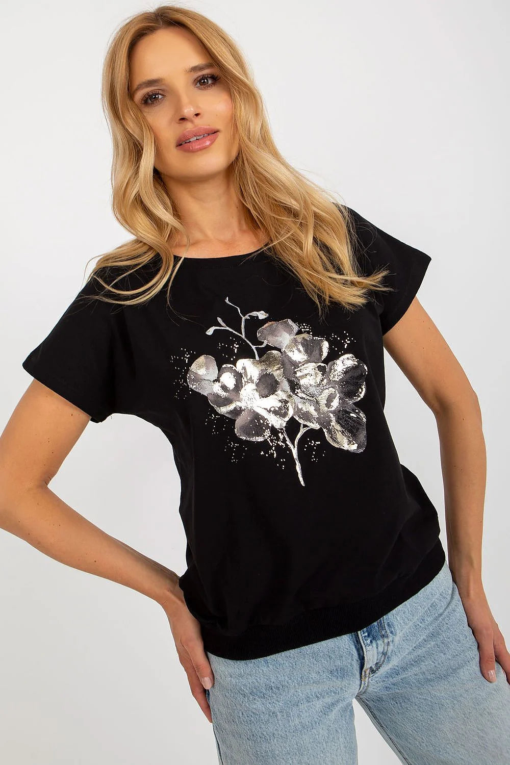 T-shirt femme Rue Paris floral métallisé manches courtes encolure ras du cou coupe ample