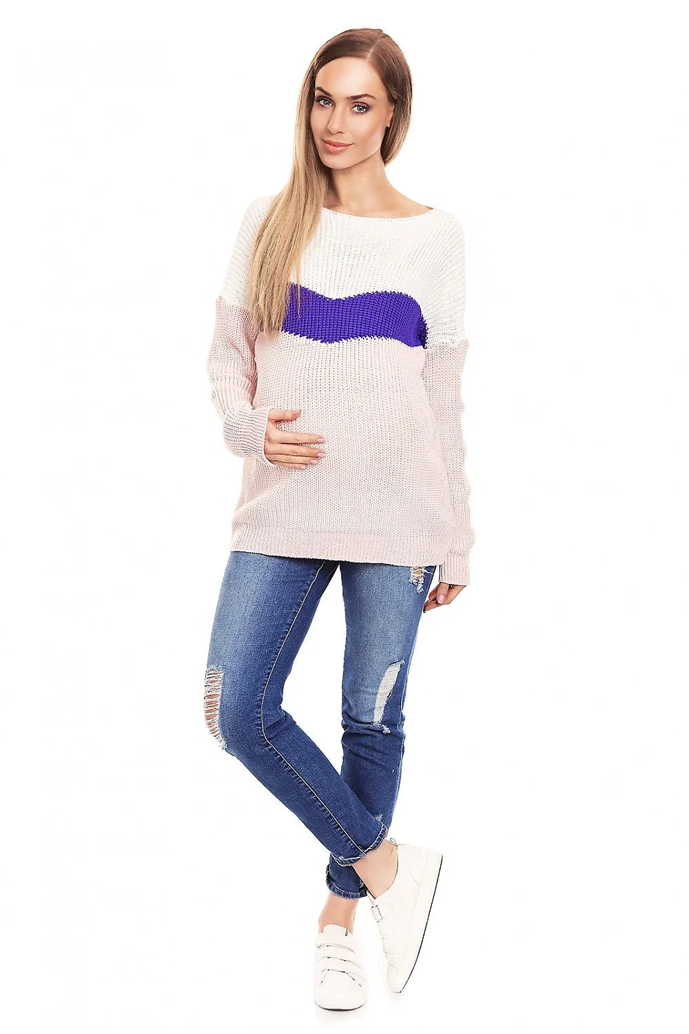 pull grossesse maternité oversize rayures horizontales colorblock bleu marine blanc gris clair col bateau manches longues maille épaisse