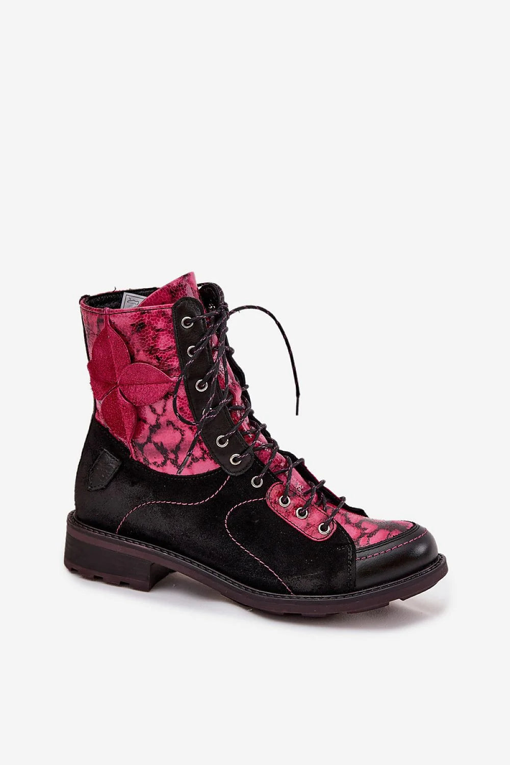 bottines femme Maciejka cuir naturel suède noir effet python fuchsia montante cheville rangers lacets oeillets applique fleur semelle crantée antidérapante