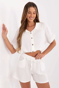 Ensemble coordonné pour femmes chemisier manches courtes short taille élastiquée coton lin texture gaufrée blanc casual estival