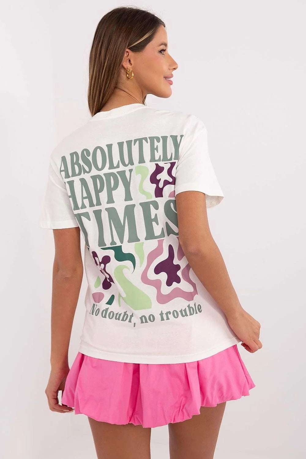 T-shirt femme classique graphique coton blanc multicolore messages modernes coupe évasée jupe boule rose vif
