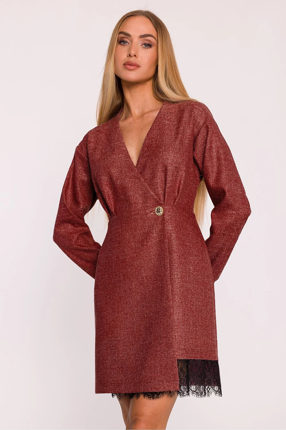 robe femme tweed dentelle bordeaux rouille texturé manches longues décolleté profond portefeuille taille marquée bouton doré ourlet noire coupe cintrée