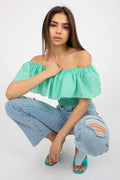 top femme bardot court crop vert menthe grand volant drapé encolure élastiquée corsage smocké coton élasthanne léger bohème