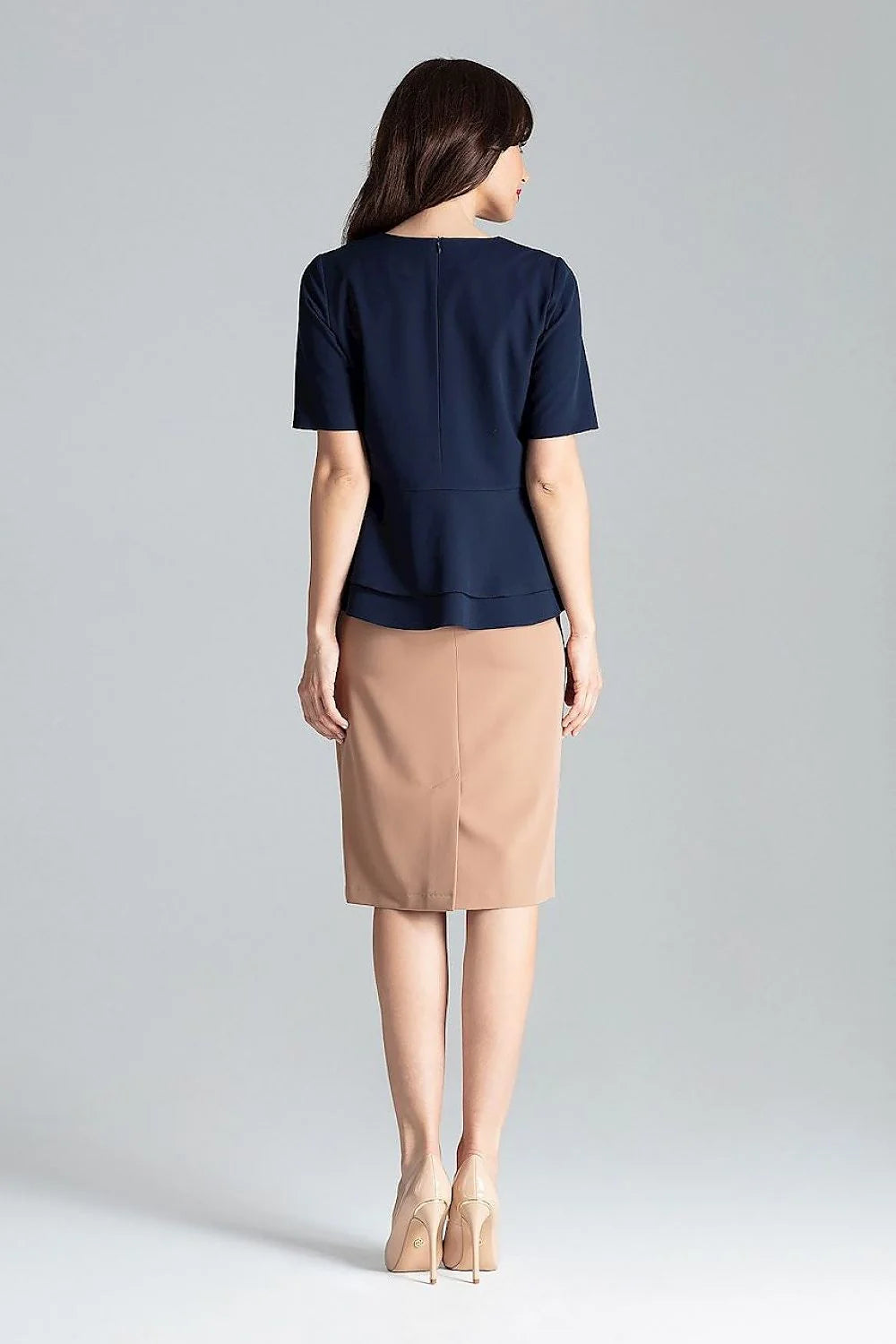 Chemisier à manches courtes vert émeraude double basque jupe beige sable taille ajustable polyester viscose femme