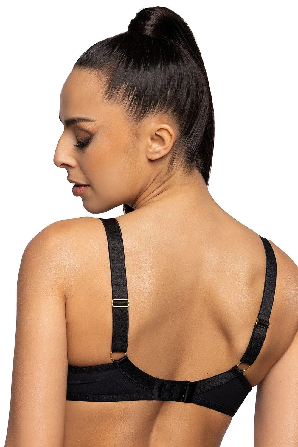 Soutien-gorge push-up élégant en maille noire avec détails dorés, nœud décoratif et inserts grossissants amovibles pour femmes