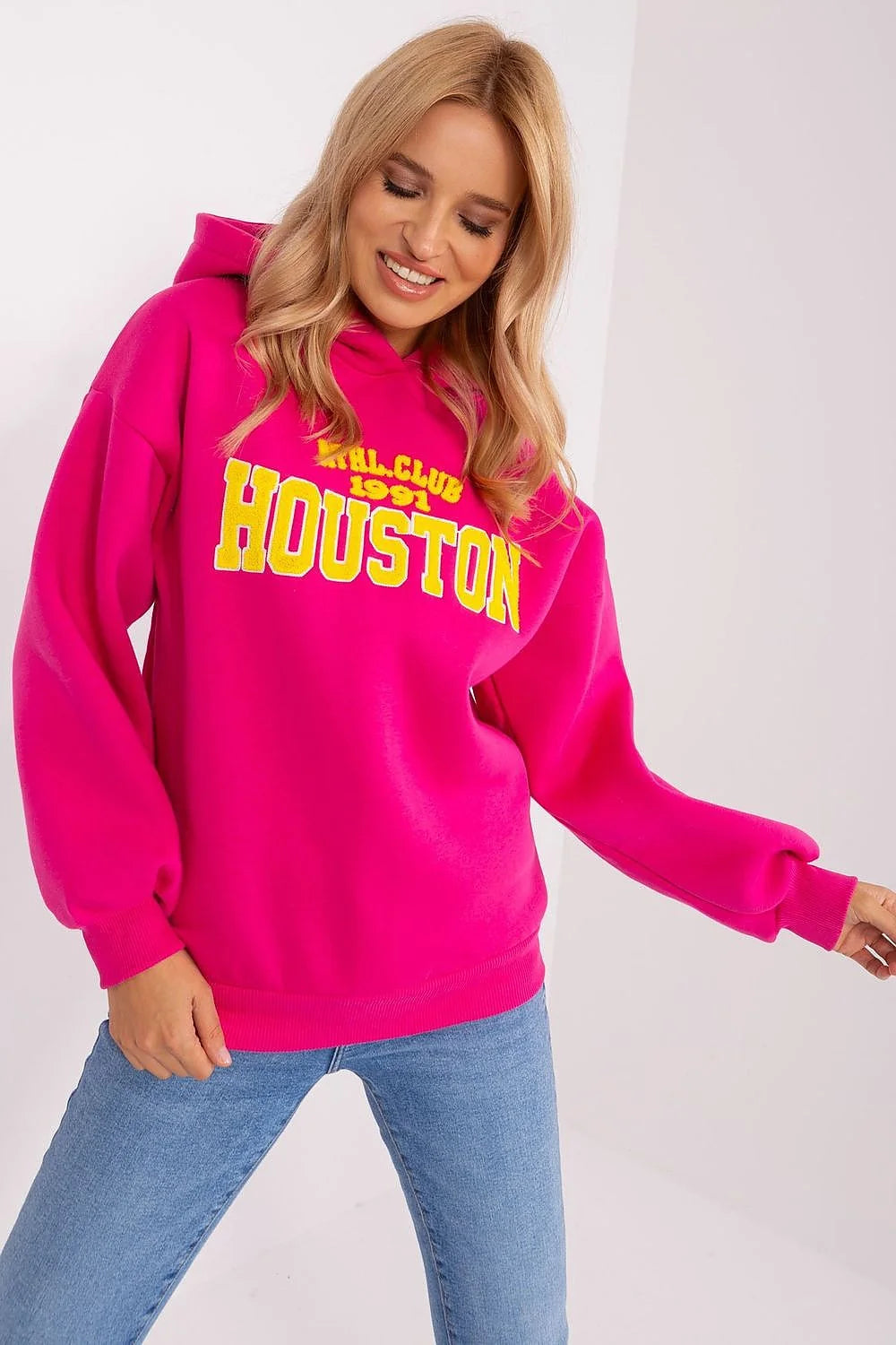 Sweatshirt Femme Casual Oversized Hot Pink Houston Imprimé Capuche Coton Polyester Mode Élégant