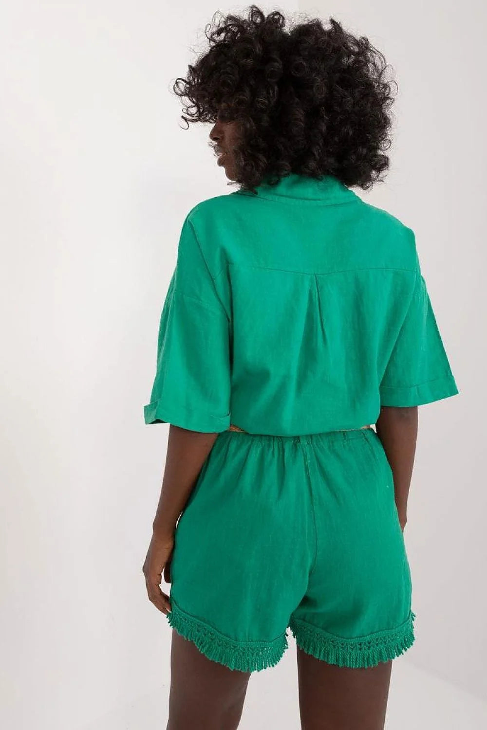 Ensemble chemise short femme vert vif style décontracté col classique manches courtes franges ceinture tressée