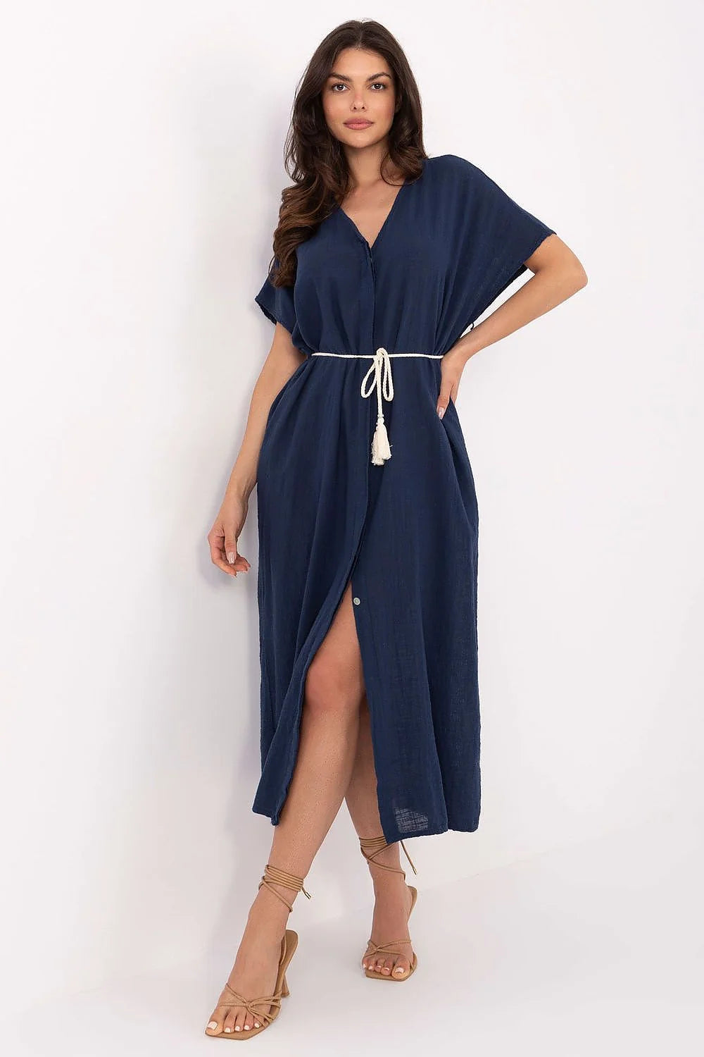 Robe d'été Och Bella style boho longue manches courtes en coton bleu marine taille ajustable pour femmes