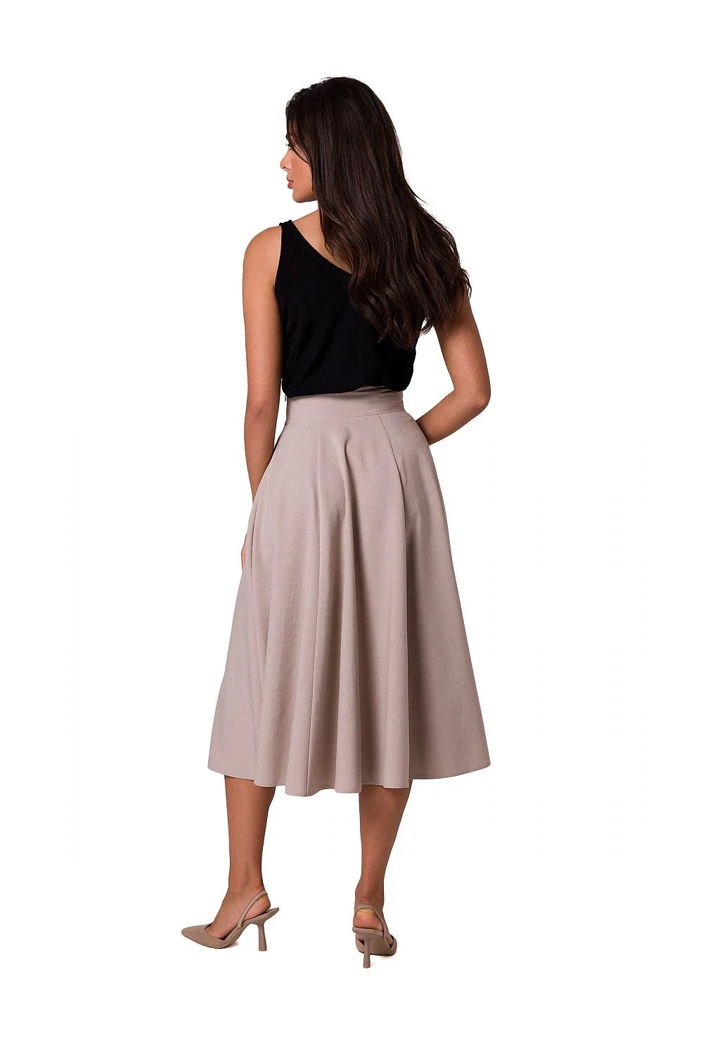 Jupe midi évasée taille haute ceinture intégrée boutons décoratifs dorés polyester fluide tombé léger rose poudré noir trapèze plissée