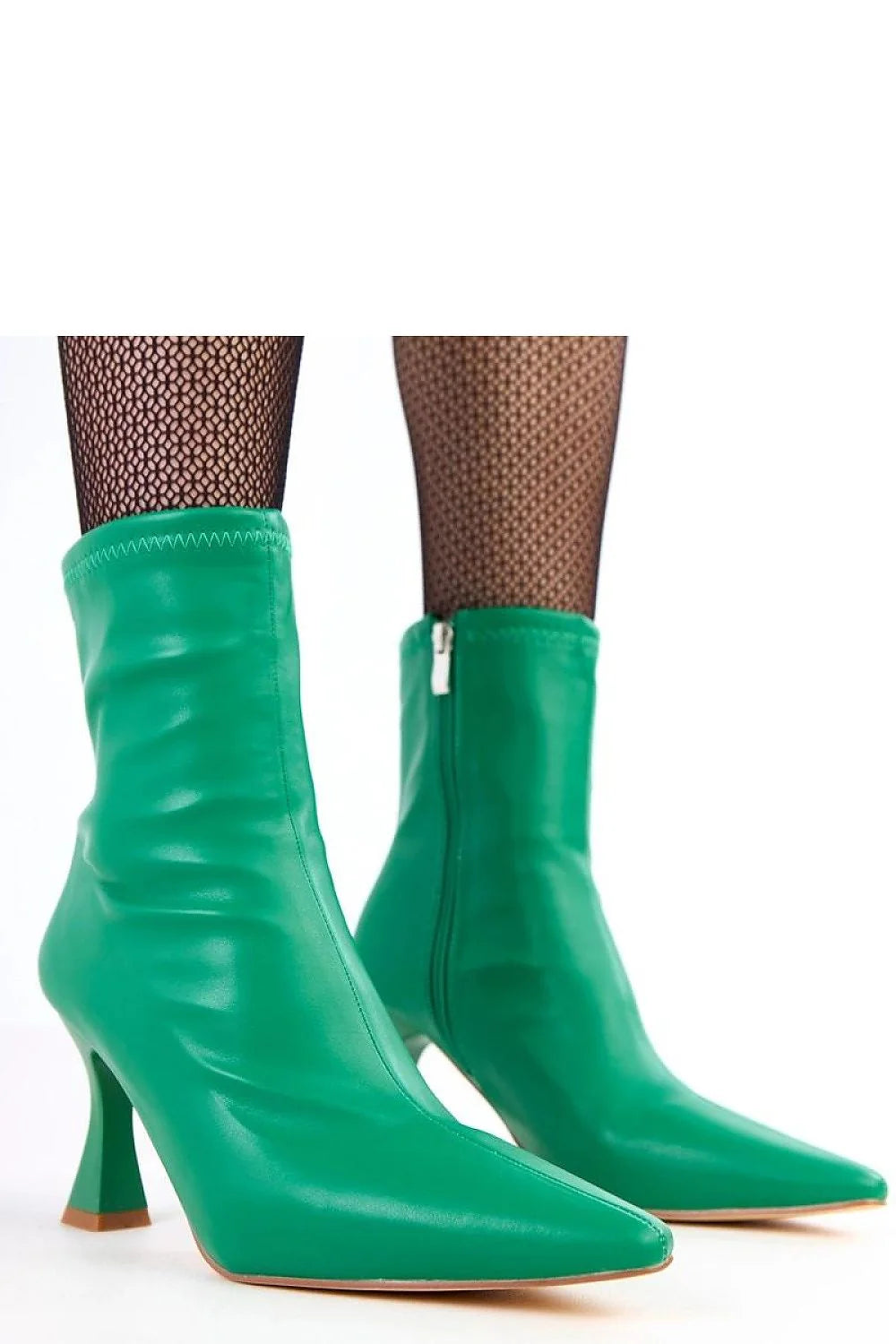 bottines cheville similicuir écologique vert émeraude bout pointu talon sculpté tige courte fermeture éclair latérale coupe ajustées finition couture élégantes