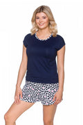 Pyjama Lupo Line femme viscose 100% t-shirt manches courtes short imprimé cœurs bleu marine blanc rose
