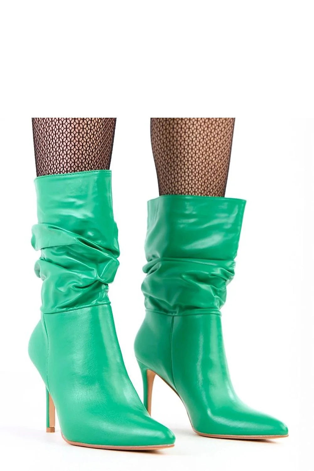 bottines talon aiguille mi mollet plissée froncée similicuir verni vert émeraude bout pointu semelle tissu confortable enfiler soirée élégant habillé