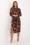 robe midi femme satinée chocolat floral roses poudrées bordeaux manches longues encolure ronde épaulettes intégrées drapés fronces taille