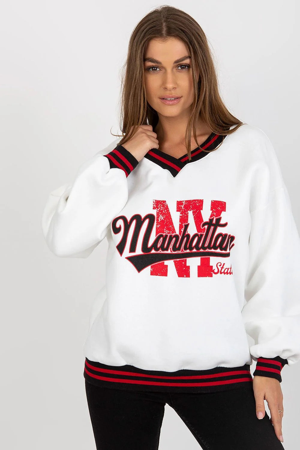 sweatshirt femme oversize colV molleton blanc manches longues imprimé Manhattan motif NY rouge vieilli bordcôtes contrastés noir bordeaux coupe ample