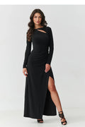 robe longue noire maxi moulante manches longues jersey extensible drapé fronces taille décolleté subtil asymétrique fente cuisse