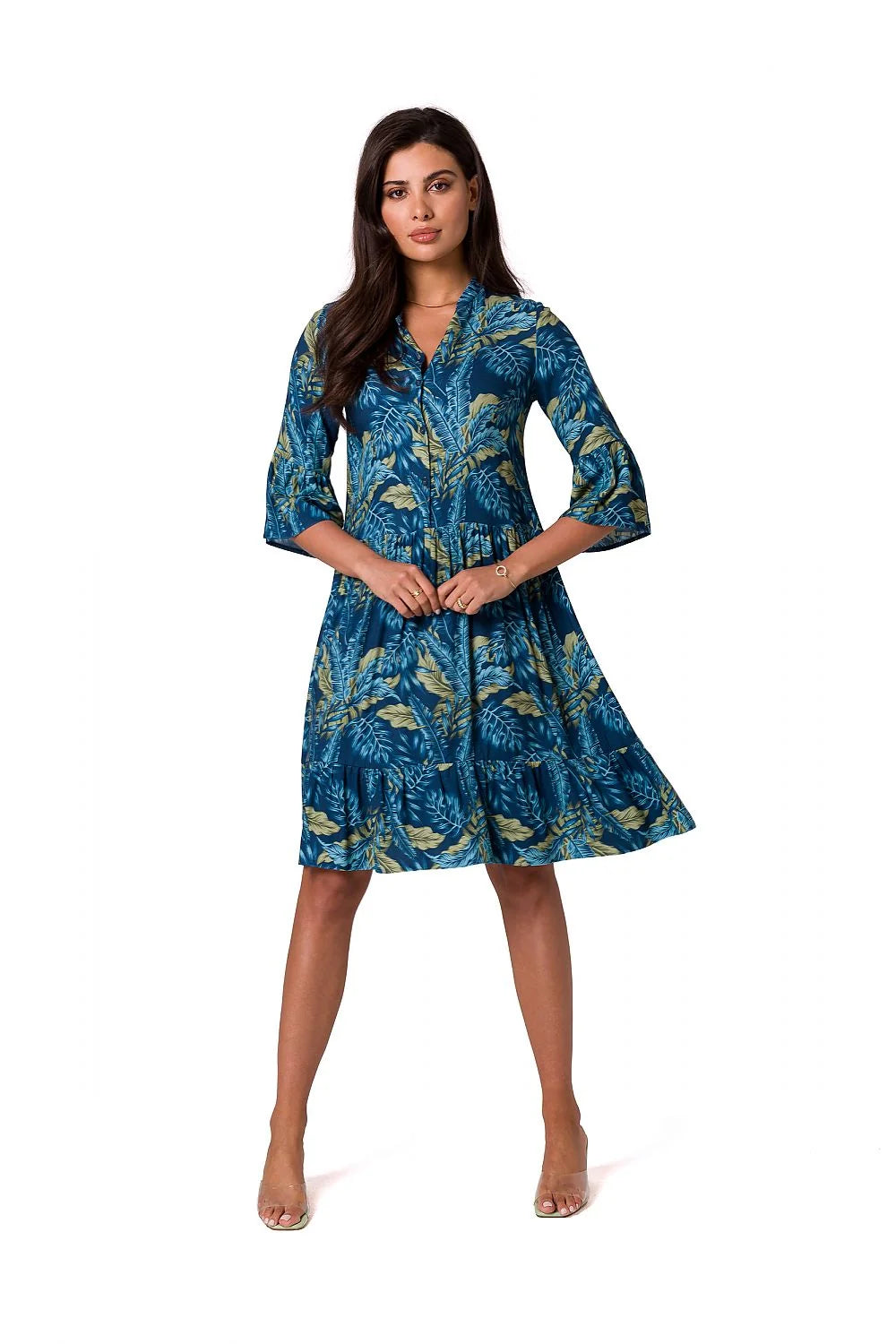 Robe tropicale élégante Be Wear manches mi-longues encolure V motifs floraux bleu profond vert longueur midi taille ajustable femme