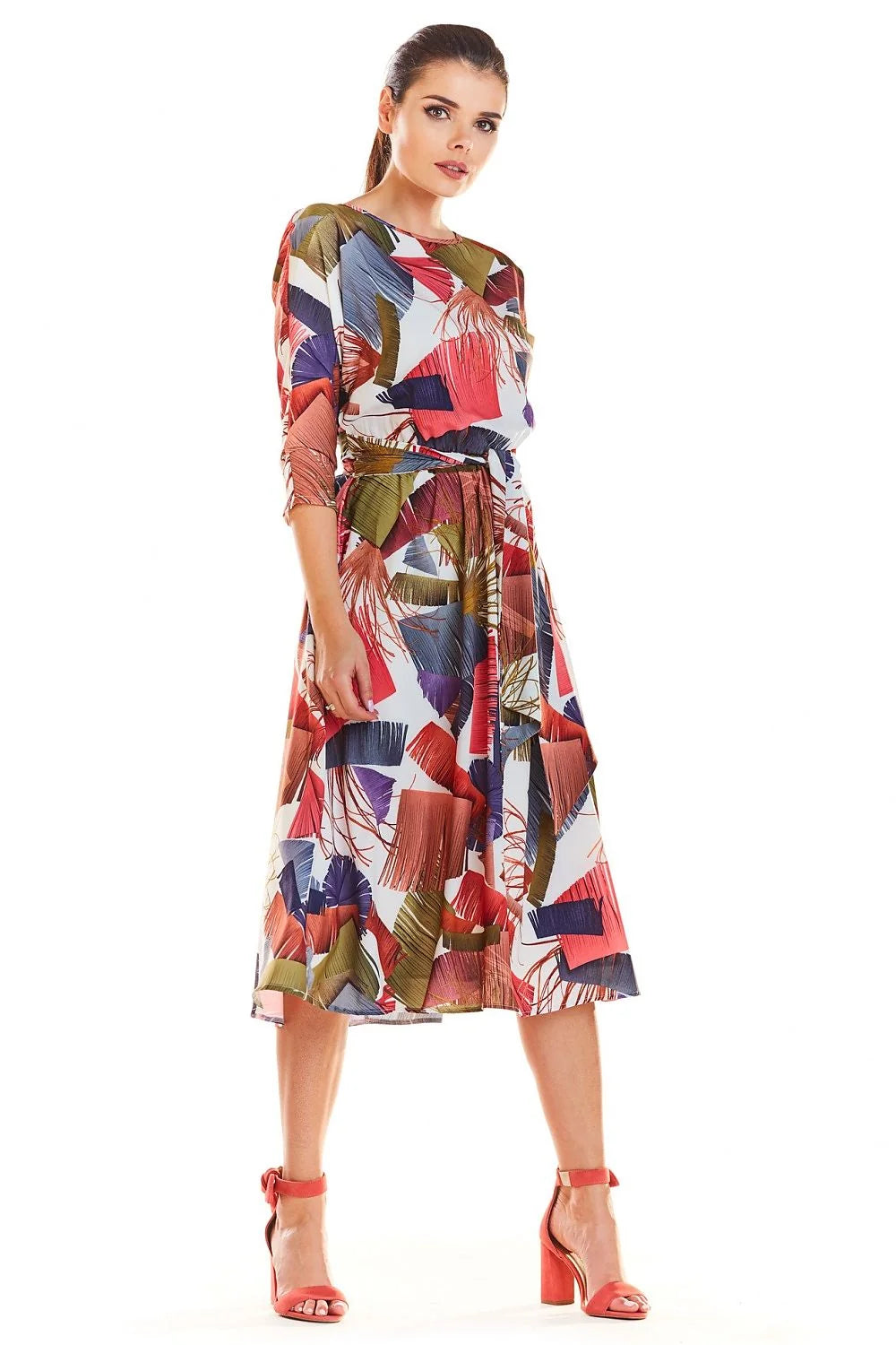 robe midi imprimée femme manches troisquarts col rond ceinture nouée ajustée évasée bohème chic fluide légère multicolore corail olive bleumarine