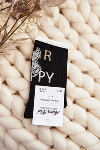 Chaussettes pour femmes Step in style en coton noir, design Happy et ours stylisé, confortable, taille 35-38, cadeau original, style casual, Fanza Mia