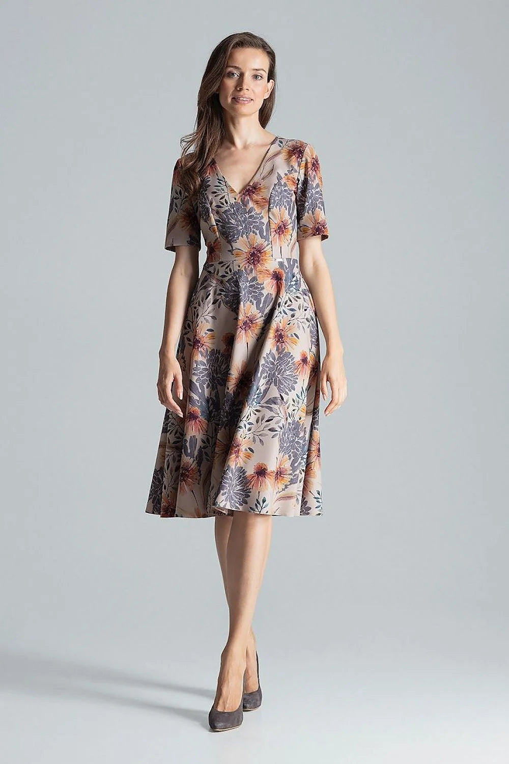 robe midi femme rouge vif décolleté V manches courtes taille cintrée princesse jupe évasée tissu structuré polyester élégant cocktail