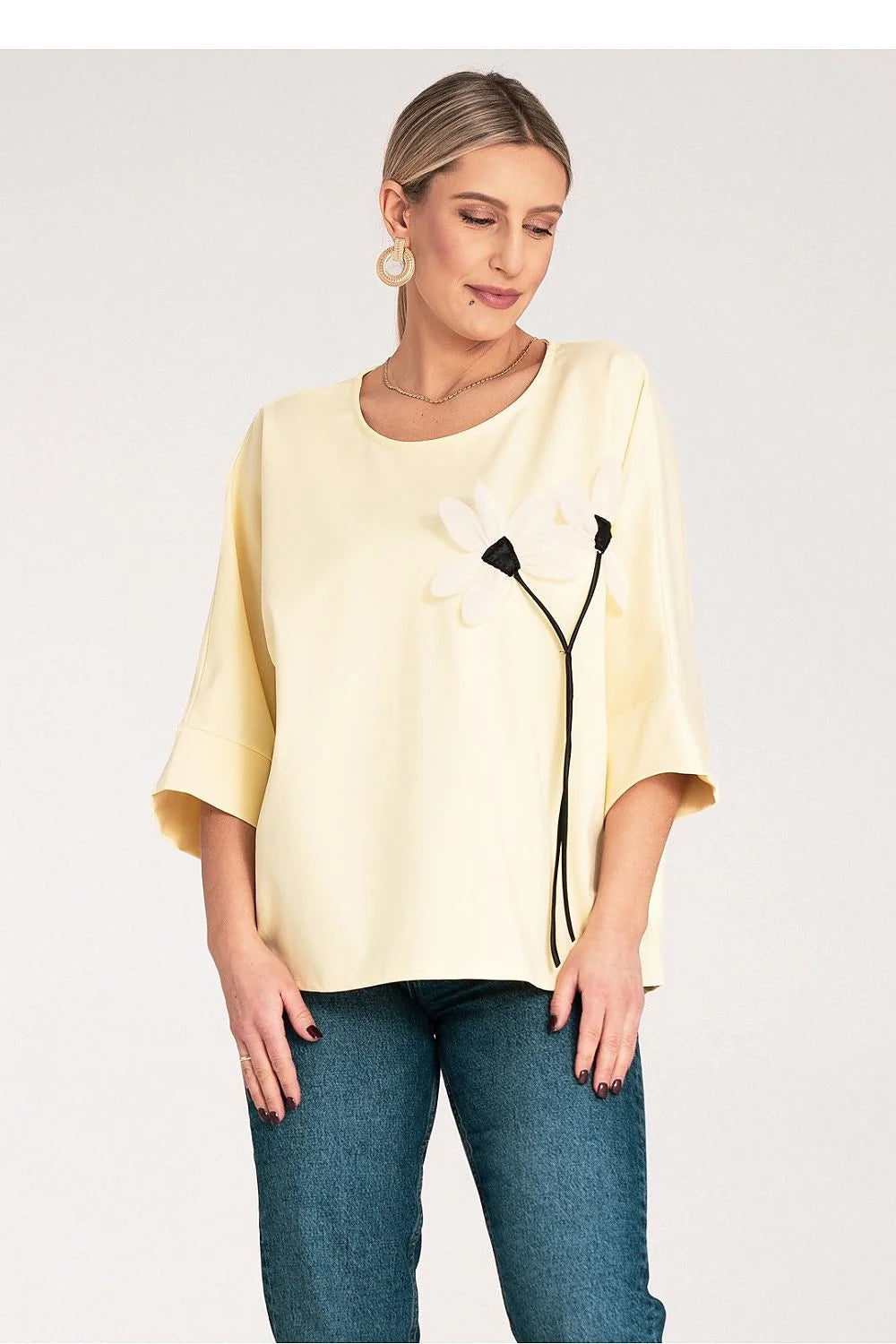 Chemisier Figl Femme Style Moderne Élégant Manches larges en revers Coton Élasthanne Polyester Floral Décontracté Occasions quotidiennes et semi-formelles
