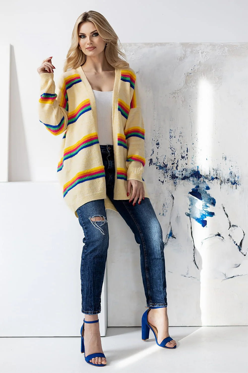 Cardigan Pee Ka Boo pour femme ample long manches longues rayures colorées acrylique polyamide polyester laine versatile mode