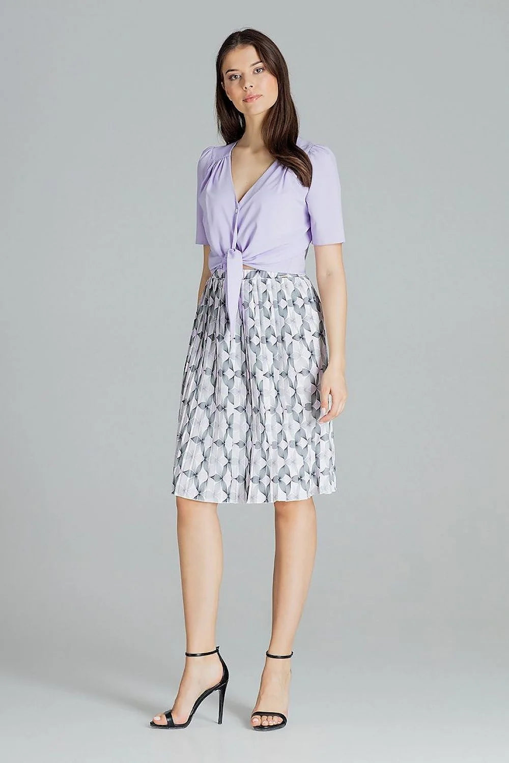robe femme coton élégante motifs géométriques bleu pastel manches bouffantes décolleté noeud taille jupe plissée midi fluide soyeuse