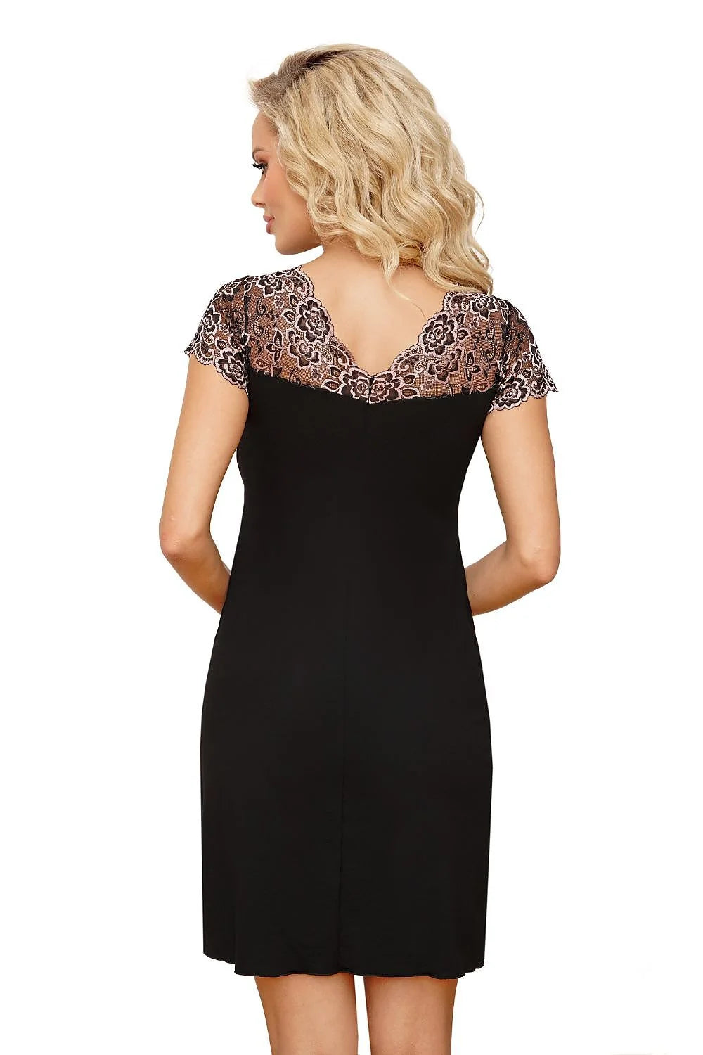 Chemise de nuit élégante Donna dentelle florale manches courtes tissu fluide silhouette flatteuse femme