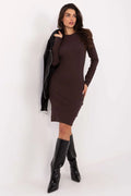 Robe midi femme ajustée fourreau maille côtelée marron foncé manches longues col rond stretch coton élasthanne confortable polyvalente casual chic