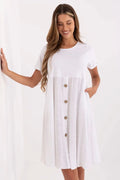 Robe d'été décontractée blanche coton-lin ahané silhouette évasée manches courtes encolure ronde poches latérales respirante femme tenue quotidienne occasion estivale mode