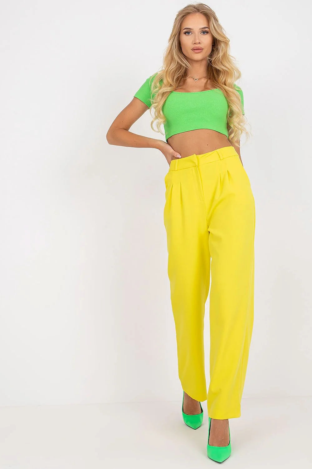 Pantalon femme Rue Paris large jaune vif maille douce haute taille manches longues mules vert audacieux été 2023