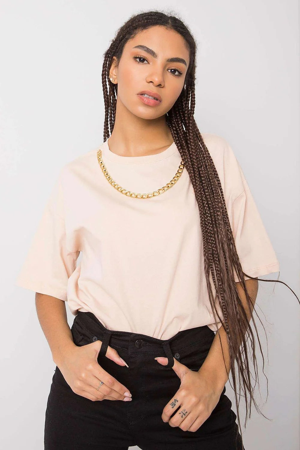 T-shirt Rue Paris femme en coton 100% ample manches courtes encolure ronde chaîne dorée beige clair S M L