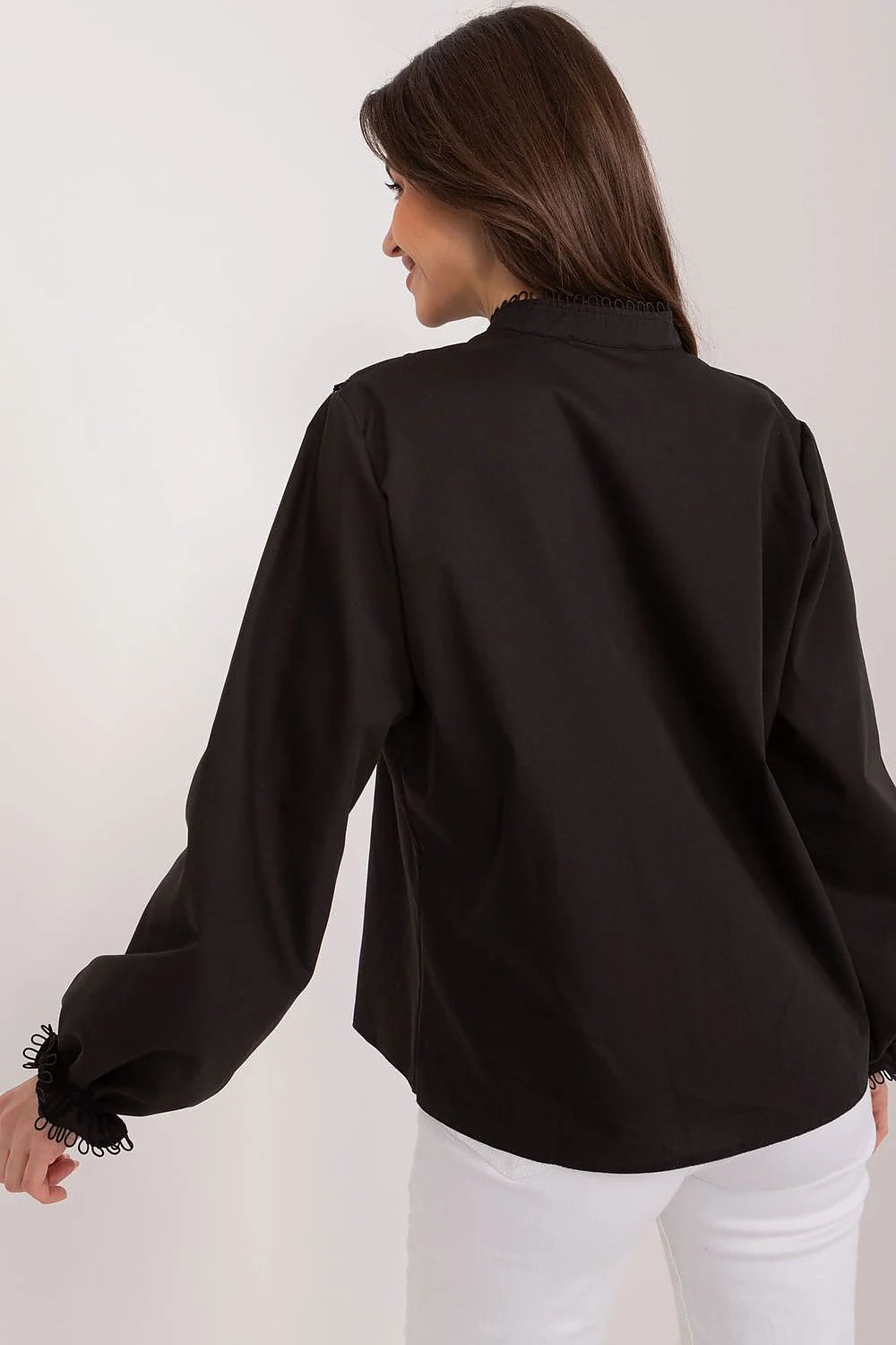 Chemisier féminin élégant noir style romantique vintage volants manches longues coton polyester femme occasion élégante