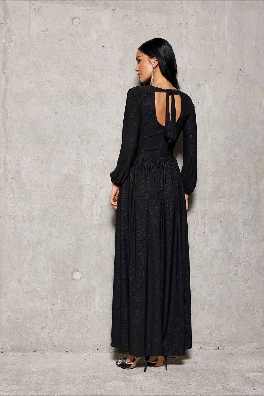 Robe longue élégante noire pailletée en brocart V-neck manches longues taille ajustée fente haute soirée femme